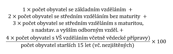 Součet vážených podílů obyvatel v jednotlivých vzdělanostních skupinách z celkového počtu obyvatel starších 15 let (bez nezjištěných). 